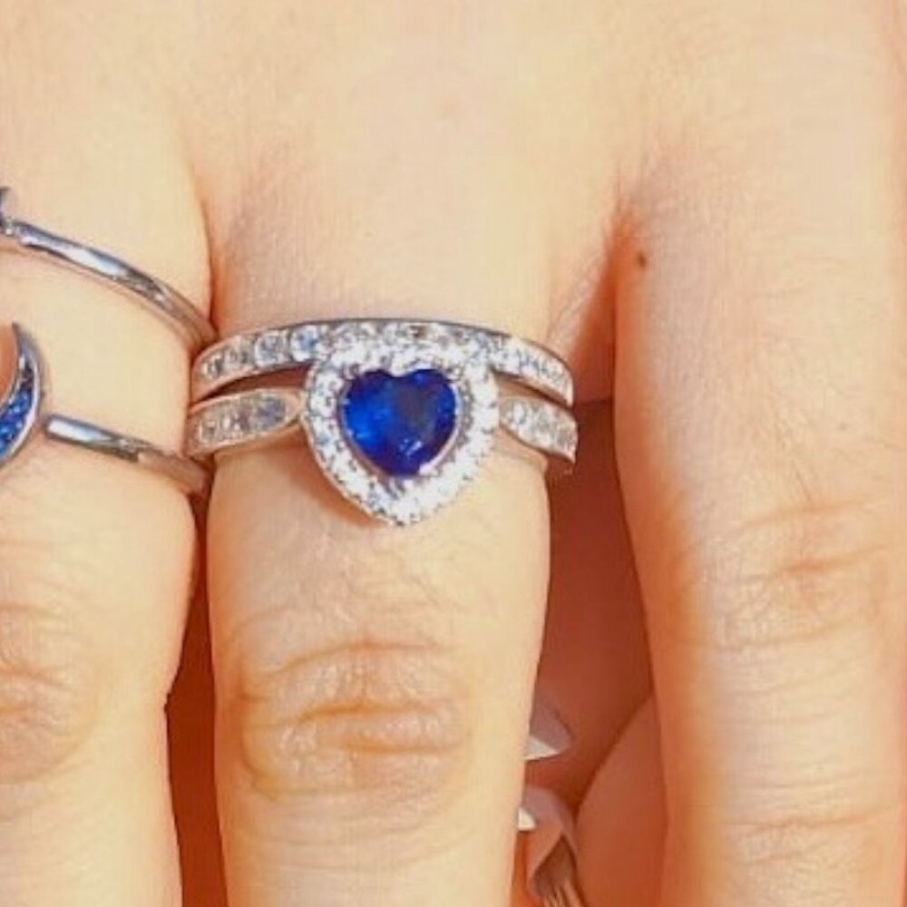 Royal Blue Heart Shape Zirconia Stone Double Band Studded 925 Silver Ring